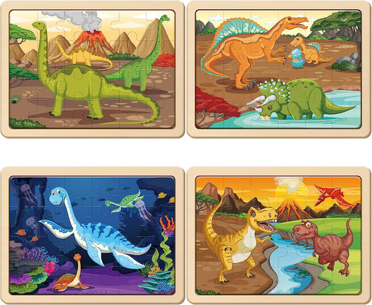 Wooden Dinosaur Puzzles for Kids Ages 3-5, 4 Packs 24 PCs Jigsaw Puzzles Preschool Educational Brain Teaser Boards Toys Gifts for Children, Wood Dino Puzzles for 3 4 5 6 Year Old Boys Girls