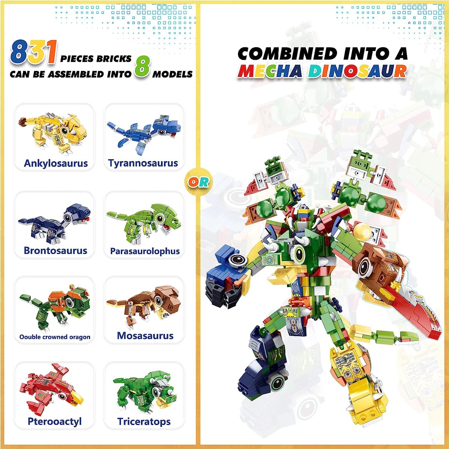 Dinosaur Building Block Toys for Boys and Girls Aged 6 7 8 9 10 Years Old.Take Apart Dinosaur Toys.8 in 1 Robot Building Block Toys.STEM Construction Building Toys.Gifts for Boys and Girls(831P)