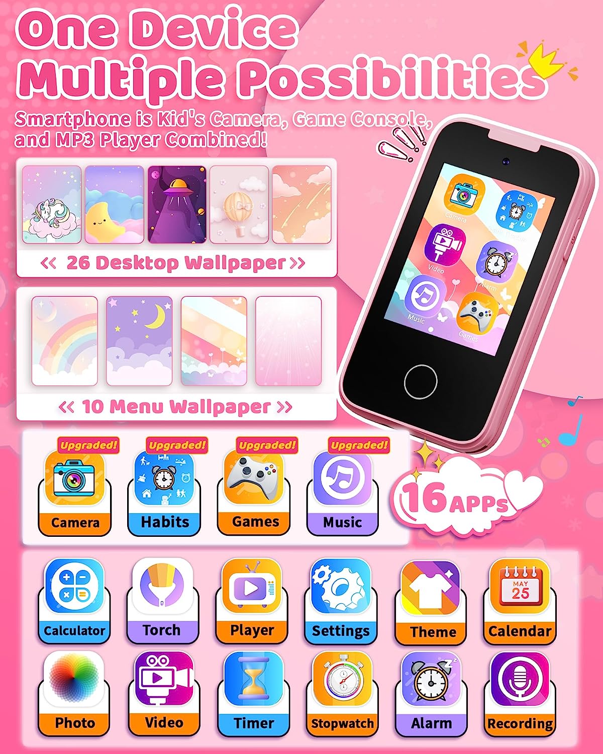 Kids Smart Phone Toy for Girls 3 4 5 6 Year Old, MP3 Music Player, Dual Camera Travel Toys with Educational Games, Toddler Birthday Gifts Touchscreen Pretend Play Phones for 3-8 Year Old