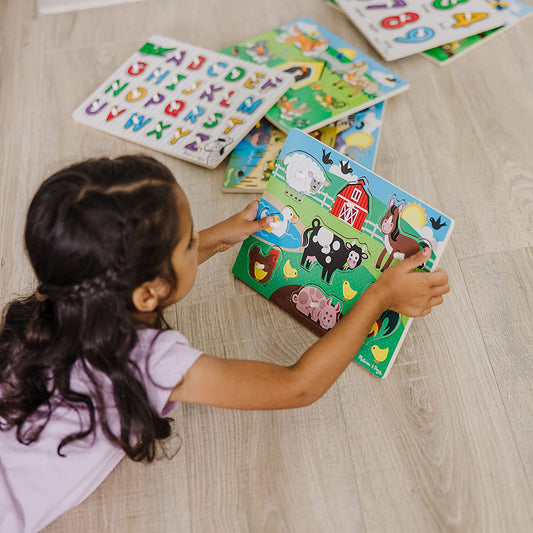 Wooden Peg Puzzle 6 Pack Numbers, Letters, Animals, Vehicles