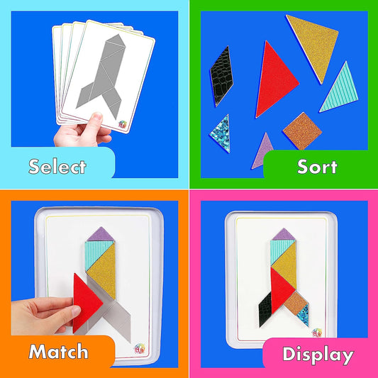 Sense & Grow Tangram Puzzles - Magnetic Pattern Blocks - 48 Patterns and 7 Textured Geometric Shapes with Metal Tin - Puzzle Games Educational STEM Toys Gift