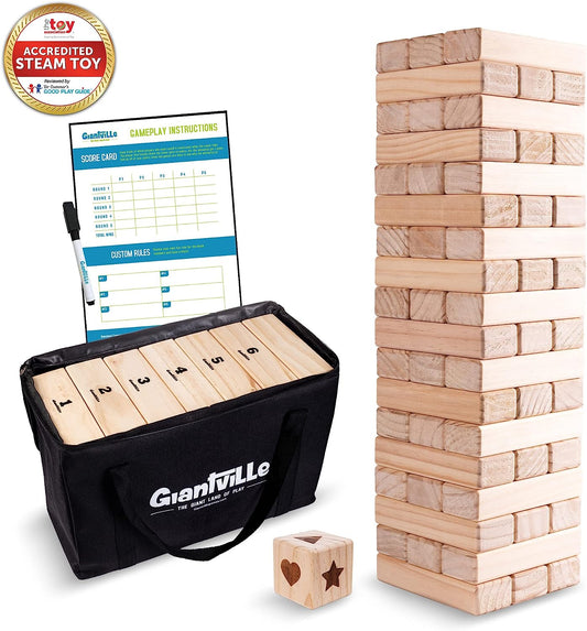 Giant Tumbling Timber Toy + Carry Bag + Dice - Jumbo JR. 54-Piece Wooden Blocks - Premium Pine Wood Life Size Tower Floor Game for Kids&Adults - Grows from 1.75-feet to Almost 4-feet - 2022 Edition