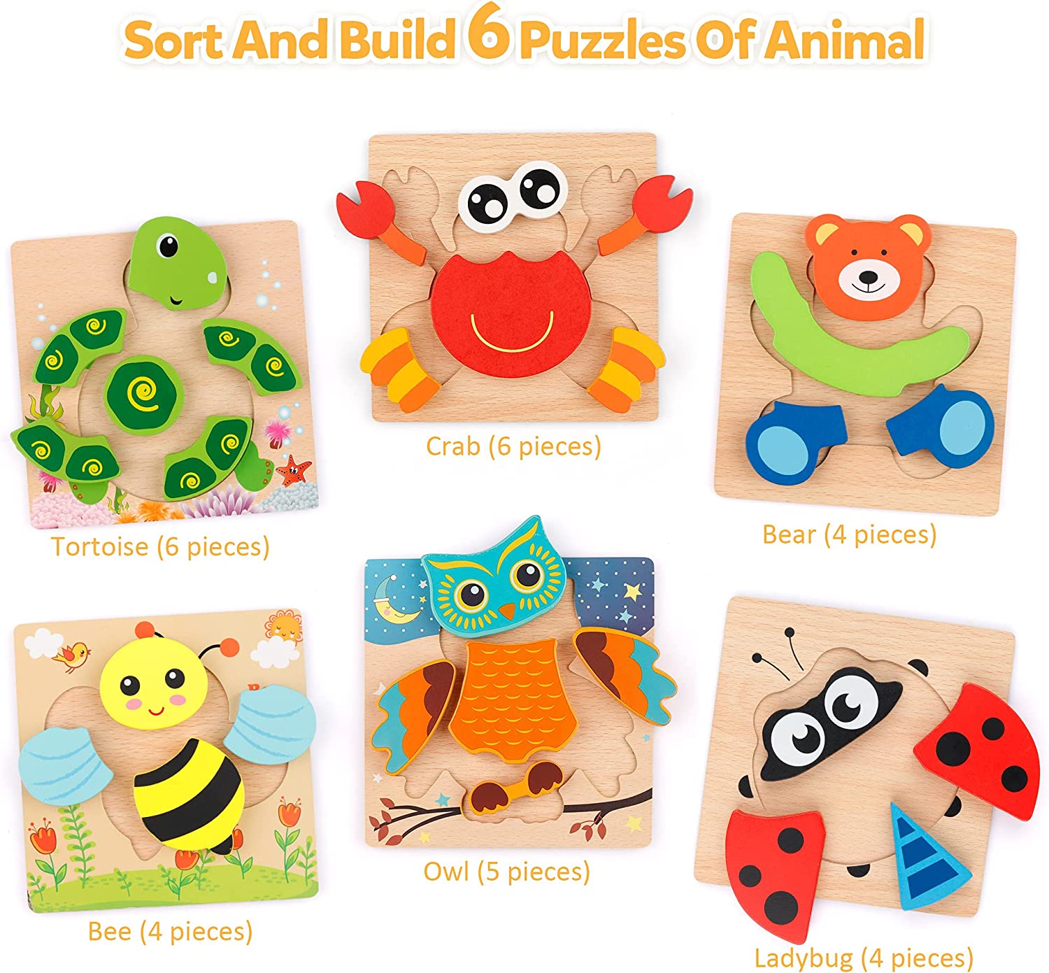 Wooden Jigsaw Puzzle Set, 6 Pack Animal Shape Color Toy, Fine Motor Skill Early Learning Preschool Educational Gift Game for Years Old Kids