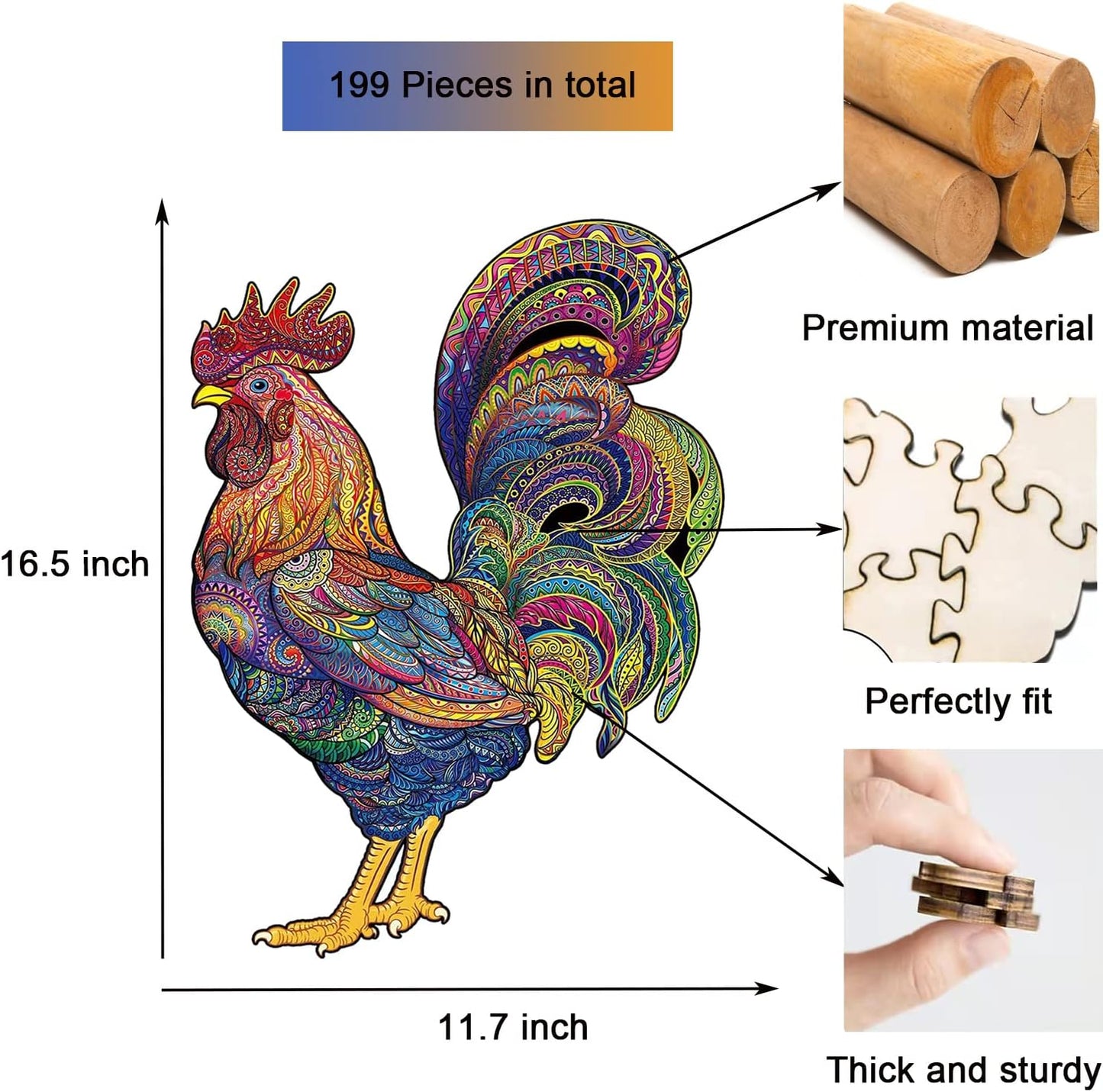 Wooden Puzzle for Adults, Unique Animal Shaped Wooden Jigsaw Puzzles with 199 Pieces, Sturdy Laser Cut Wood Jigsaw Puzzles, Good Families Games and Gifts (Colorful Rooster, Large Size)