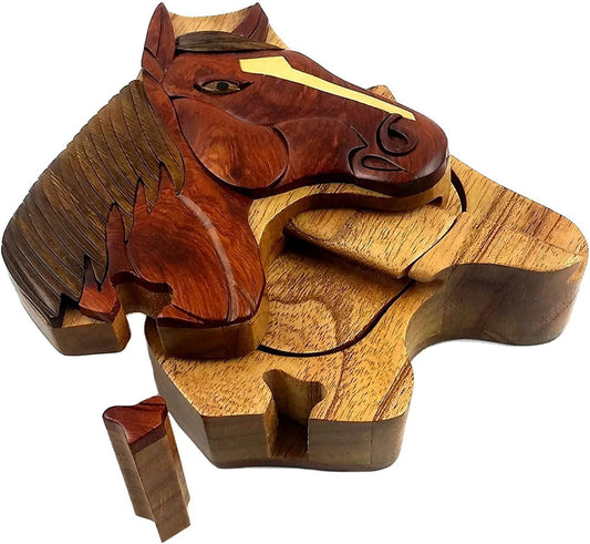 Mane Stay Horse Head All Natural Exotic Woods Puzzle Box, 4.75 X 4.5 X 2 with Sliding Wooden Key Lock, Sliding Cover and Inner Lid to Hidden Compar ent. Hand-Made Wood Onlay Design on Lid.
