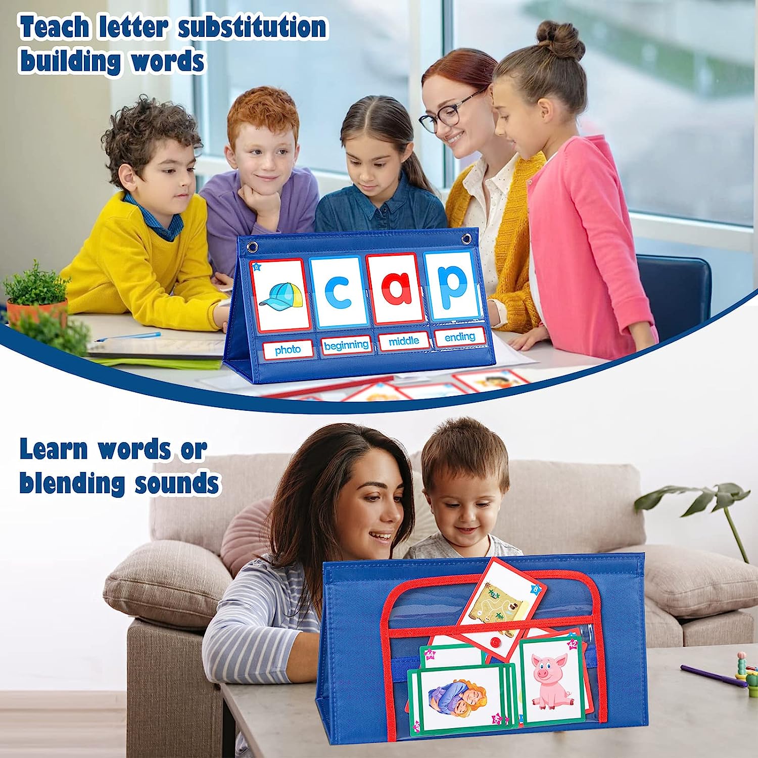 CVC Word Builder Desktop Pocket Chart Tent Cards Kit Phonics Games Flash Cards for Preschool Kindergarten Classroom Spelling Educational Toy for Kids Autism Special Education