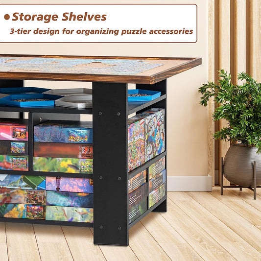 Jigsaw Puzzle Board with Storage Shelves & Black Protective Cover, Wooden Puzzle Table for 1500 Piece Puzzles, Board Game Table, Multi-Functional Coffee Table, Build Your Puzzle Game Room