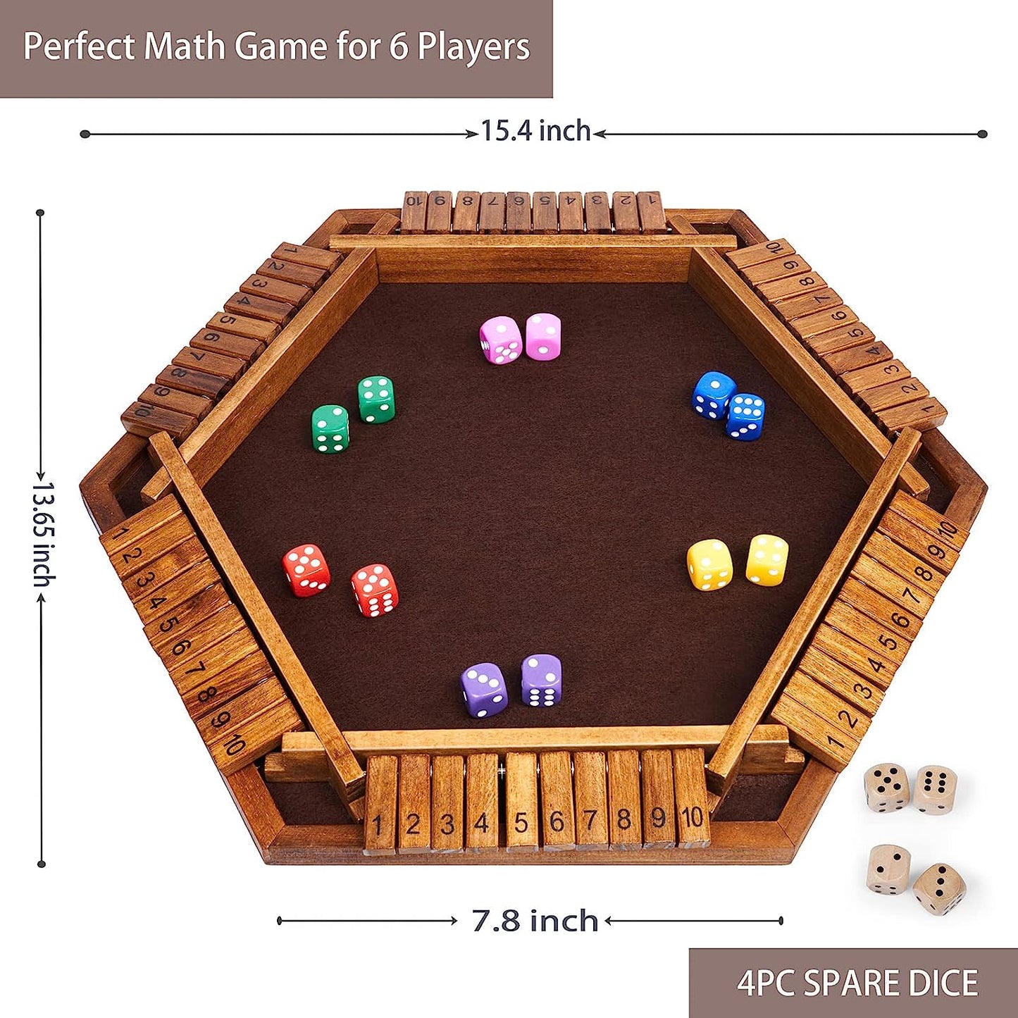 Shut The Box Dice Game Wooden Board (L15 x W13) for 1 2 3 4 5 6 Player, 6 Sided 10 Numbers Math Games with 16 Dices for Kids Adults Families Friends Party Club (Instructions Included)