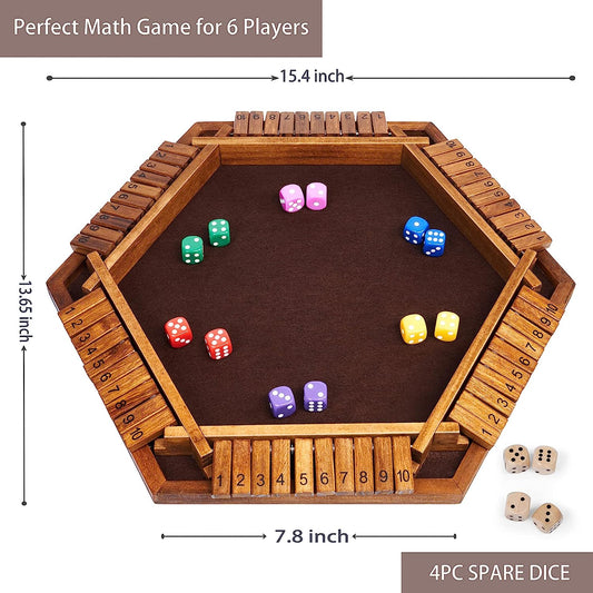 Shut The Box Dice Game Wooden Board (L15 x W13) for 1 2 3 4 5 6 Player, 6 Sided 10 Numbers Math Games with 16 Dices for Kids Adults Families Friends Party Club (Instructions Included)
