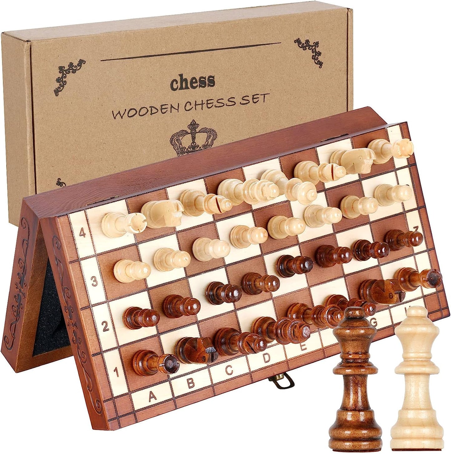 Magnetic Chess & Checkers Set Board Games, Kids and Adults Wooden Foldable Hand Carved Portable Travel Chess Board Game Sets with Game Pieces & Storage Slots 15.74"