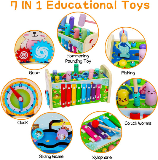 7 in 1 Wooden Toys for 1 Year Old Age 2 3 Toddler Sensory Toy Developmental Educational Hammering Pounding Toys Xylophone Fine Motor Skill Toy 12-18 Months Preschool Activities 1-2 2-4 Gift