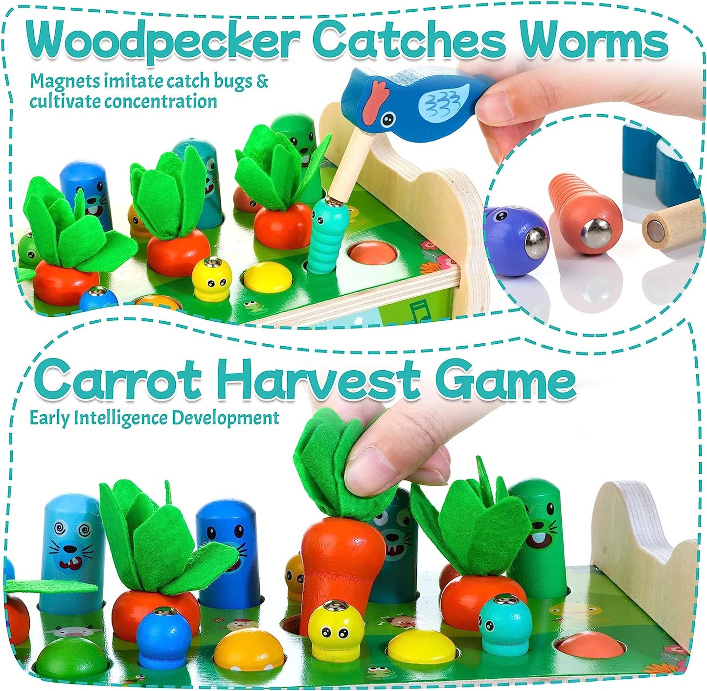 Wooden Hammering Pounding Toys for Toddlers, 6-in-1 Early Educational Toys with Whack a Mole Game, Xylophone, Carrot Harvest Game, Gift for 1 2 3 Years Old Boys Girls