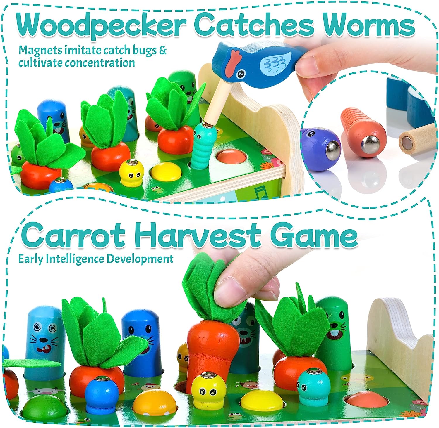 Wooden Hammering Pounding Toys for Toddlers, 6-in-1 Early Educational Toys with Whack a Mole Game, Xylophone, Carrot Harvest Game, Gift for 1 2 3 Years Old Boys Girls