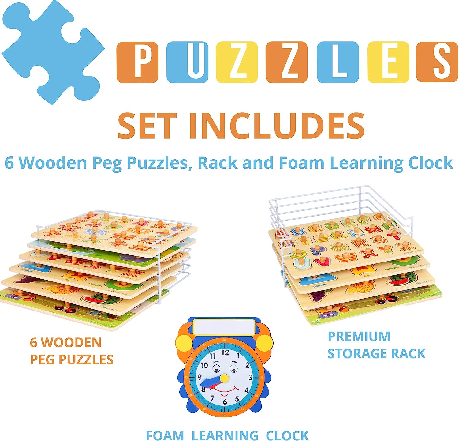 Premium Puzzles for Toddlers and Rack Set - (7 Pack) Includes Learning Clock - Alphabet, Numbers, Shapes, Animals, Cars, Fruits