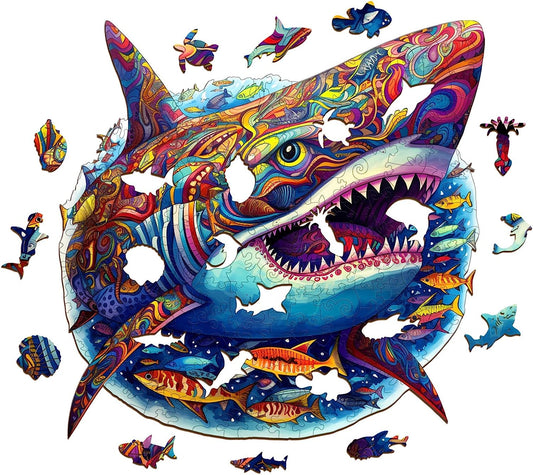 Wooden Jigsaw Puzzles-Wooden Puzzle Adult Unique Shape Advanced Fierce Shark Wooden Jigsaw Puzzle for Adult, Family Puzzles,11.8 * 11.6in 200pcs