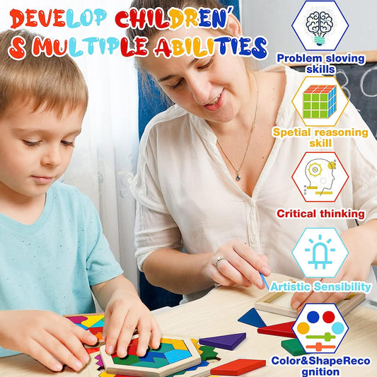 9 Pcs Wooden Hexagon Puzzle for Kid Shape Pattern Block Brain Teaser Puzzles Geometric Tangram Wood Block Puzzle Logic Brain Games with Storage Bag Intelligence Brain Teasers Toy for Adults
