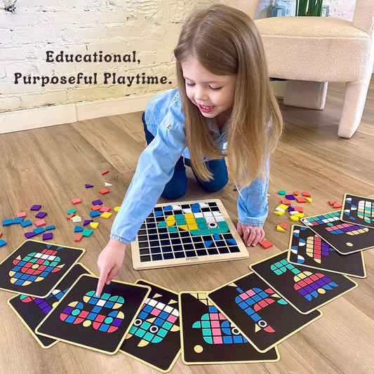 Pattern Blocks Educational Tangram Set with Wooden Grid Board, STEM Puzzle for Learning Letters and Shapes, Double Sided Pattern Cards Geometric Wood Shapes, Toy for Kids Ages 4+