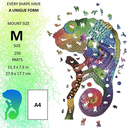 Teo&Dan Puzzles for Adults, Chameleon, Wooden Puzzles for Adults, Unique Animal Shapes, Best Gift for Adults, Adult Puzzles, Size (M) 7.5 x 11.3 inches, 250 Pieces.