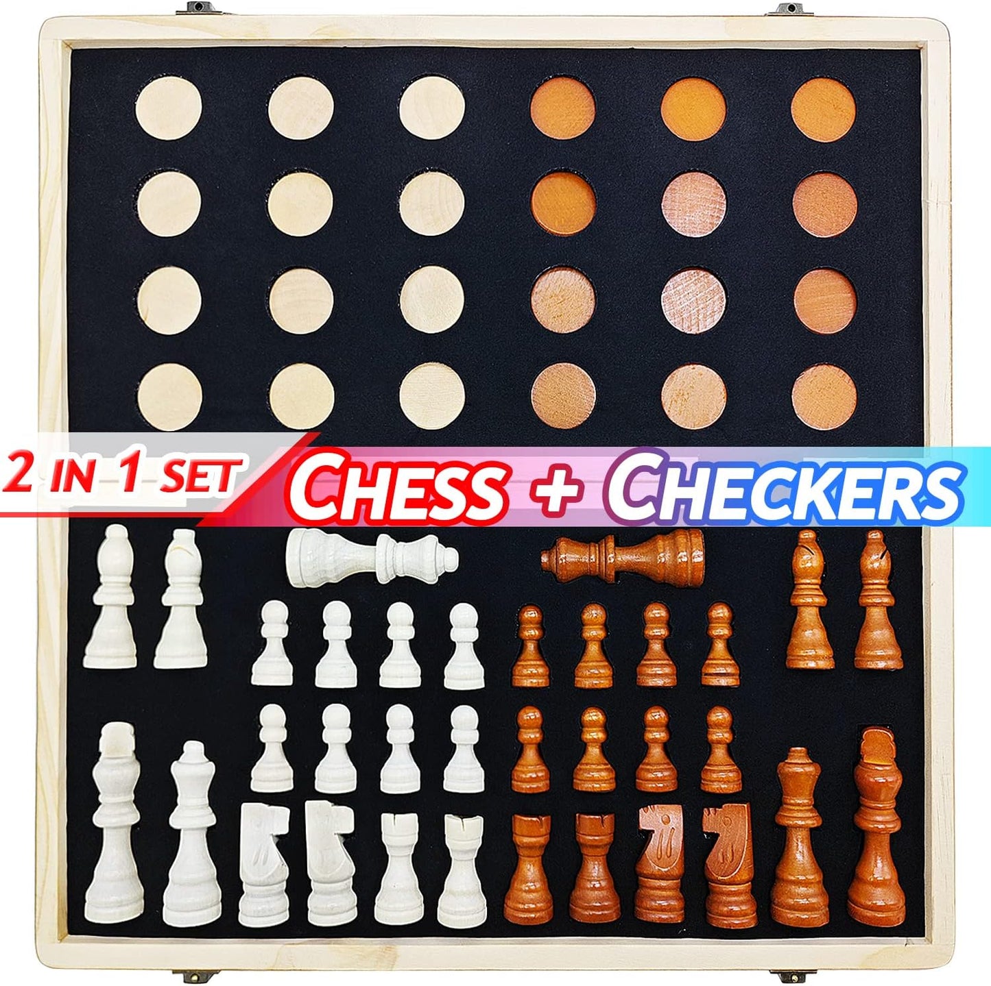 Magnetic Wooden Chess and Checkers Game Set,15 Inch Portable Folding Chess Board Games,Beginner Chess Set with 2 Extra Queen Pieces for Kids,Adults,Travel