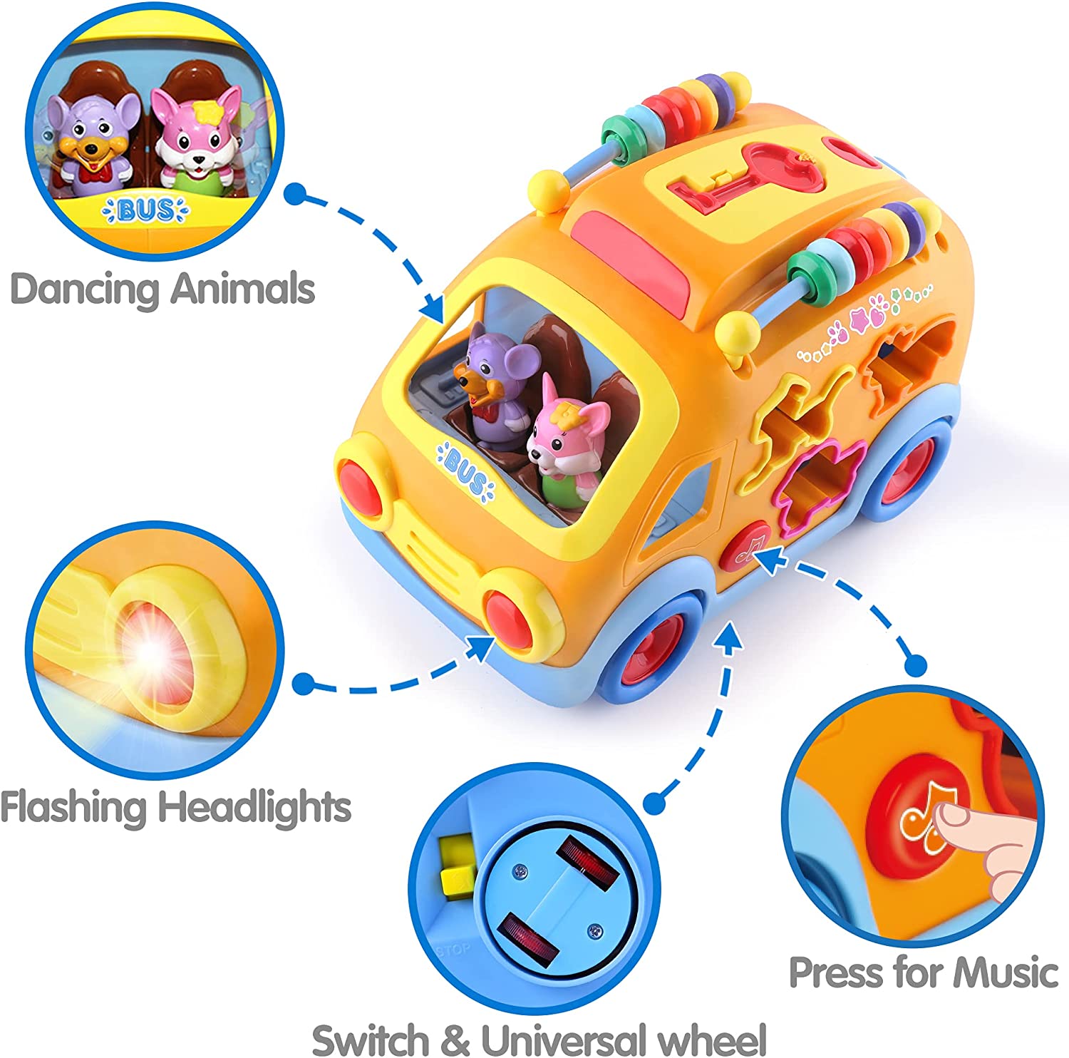 Toddler Music Bus Toys, Baby Musical Busy Learning Toy W/Animal Matching, Gear, Key, Infant Electronic Car W/Light Sound, Birthday Gifts for 18 Month, 2 3 Year Old Kid Boy Girl