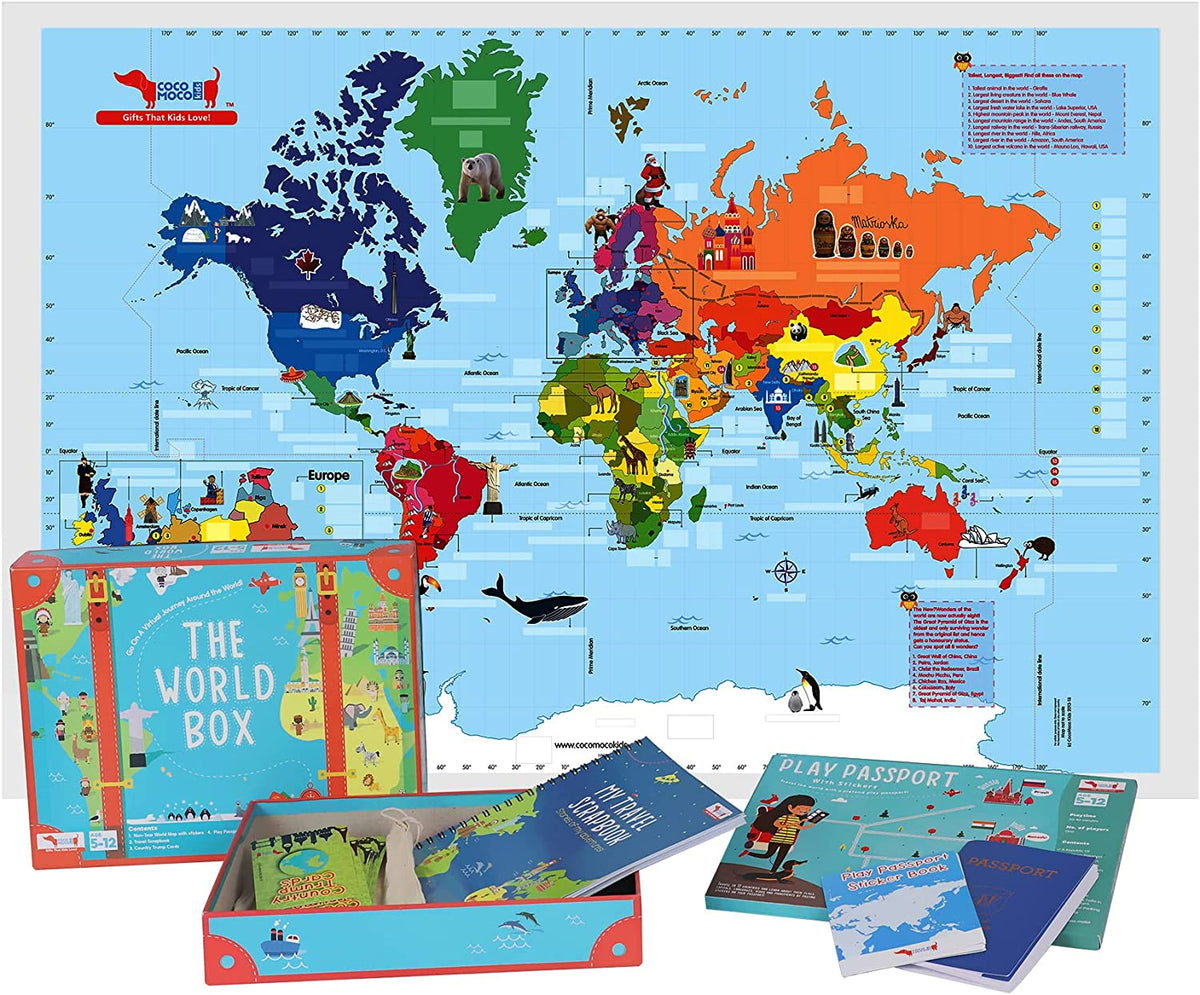 World Box Geography Game with World Map for Kids, Play Passport, Travel Scrapbook, Country Trump Cards Educational STEM Toy for Age 5-12 Years