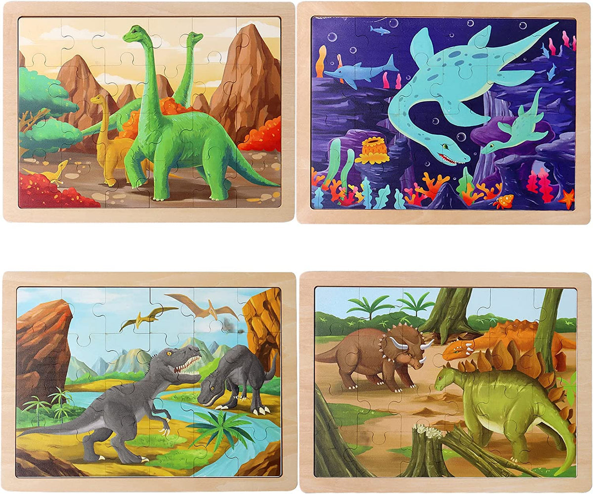 Wooden Dinosaur Puzzles for Kids Ages 3-5.4 Packs 24 PCs Jigsaw Puzzles Preschool Educational Brain Teaser Boards Toys Toys for 3 Years Old and Up