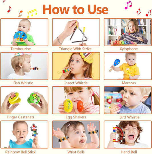 Kids Musical Instruments Set, 20 Pcs Wooden Shakers Percussion Instruments Tambourine Xylophone Toys, Child Early Learning Musical Toys for Boys and Girls Gifts Present with Carrying Bag