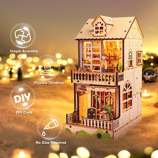 3D Puzzle DIY Coffee Shop Book Nook Kit with LED Lights, Wooden Dollhouse Bookcase Diorama Kit, Bookshelf Insert Decor, Personalized Bookend Model Building, Creativity Gift for Kids and Adults