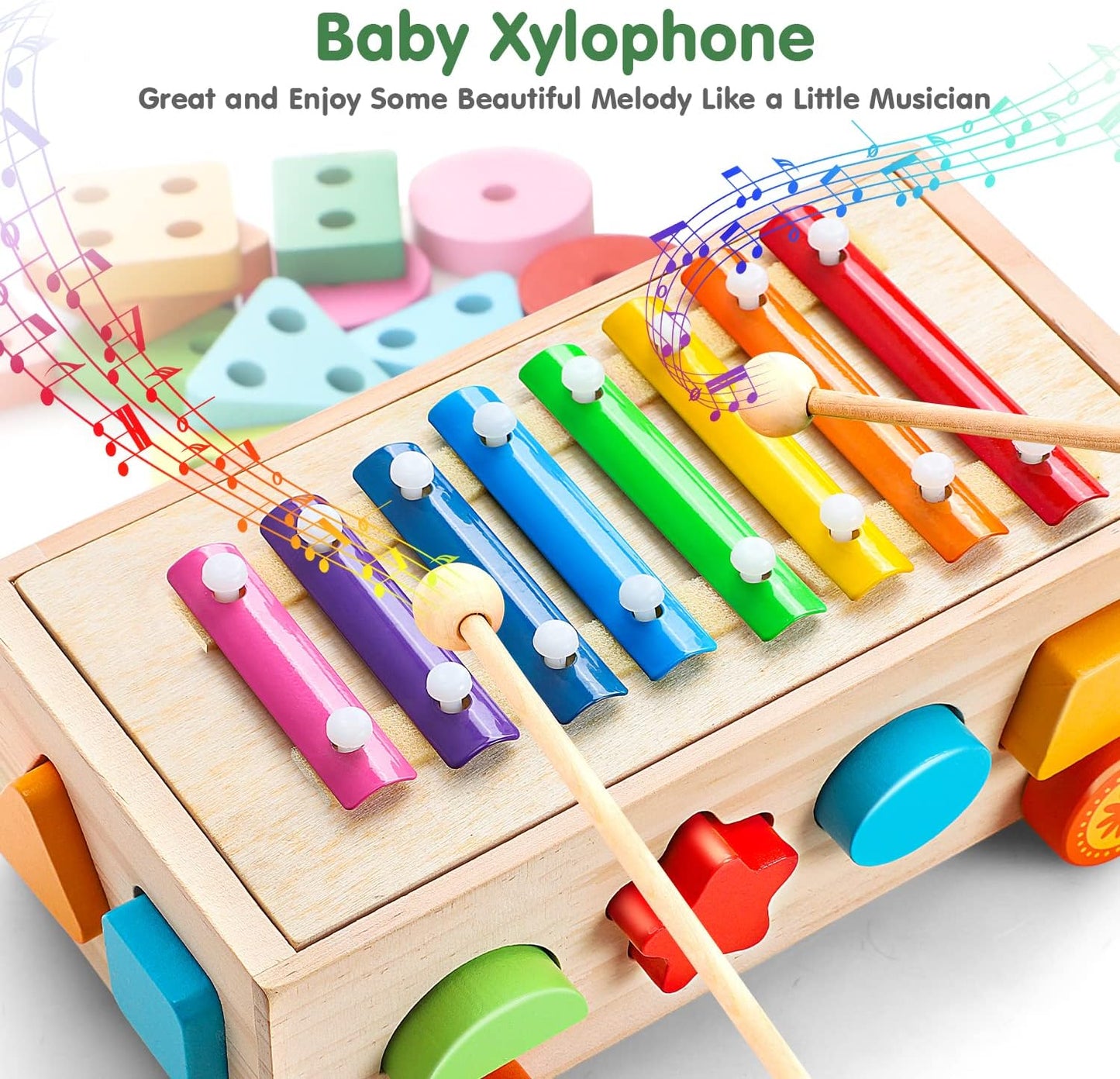 4 in 1 Baby Xylophone for Toddlers Wooden Hammering Pounding Toy Shape Sorter for Toddler Baby Toy 12-18 Month Sorting Toy Learning Block Sensory Wood Toys for 1 Year Old Gift