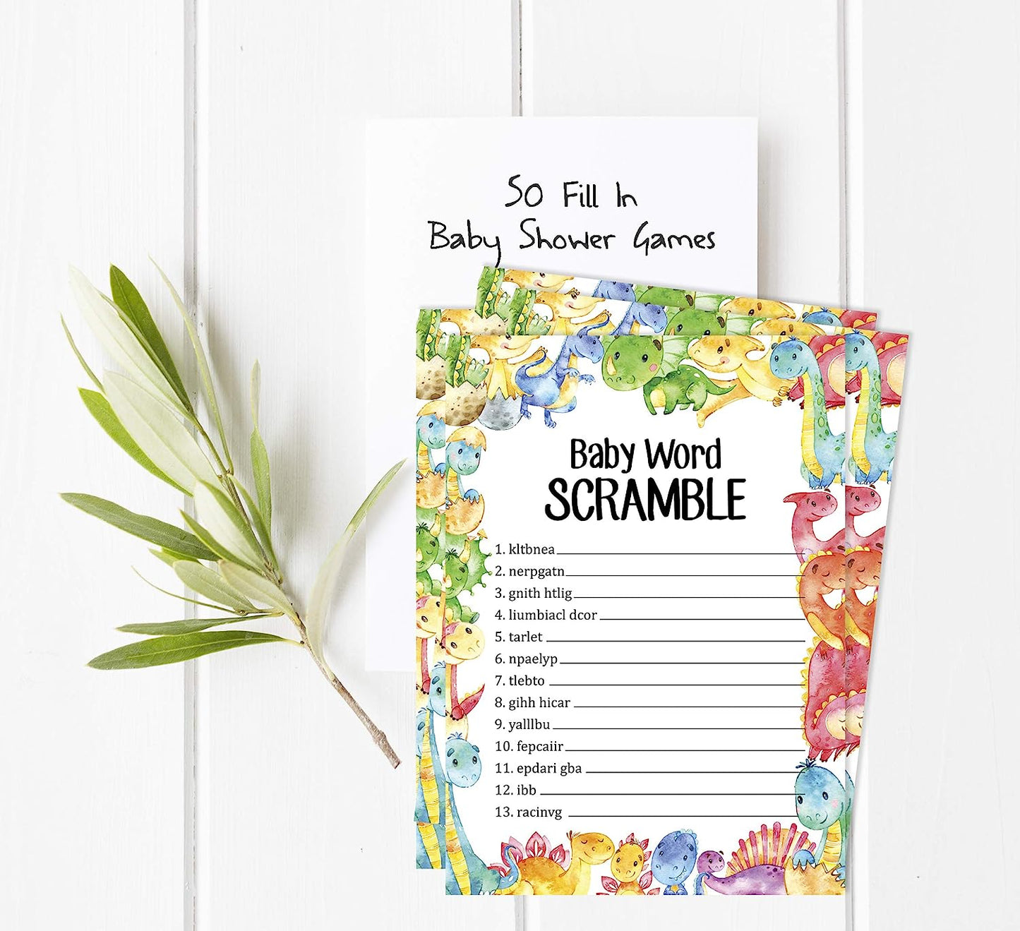 Set of 50 Baby Shower Word Scramble Game Cards Dinosaur Jungle Animals Party Supplies Fun Baby Shower Game Favors