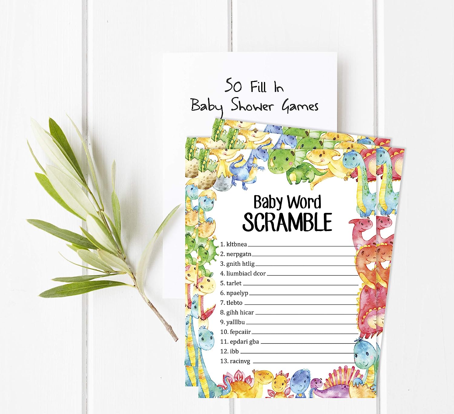 Set of 50 Baby Shower Word Scramble Game Cards Dinosaur Jungle Animals Party Supplies Fun Baby Shower Game Favors