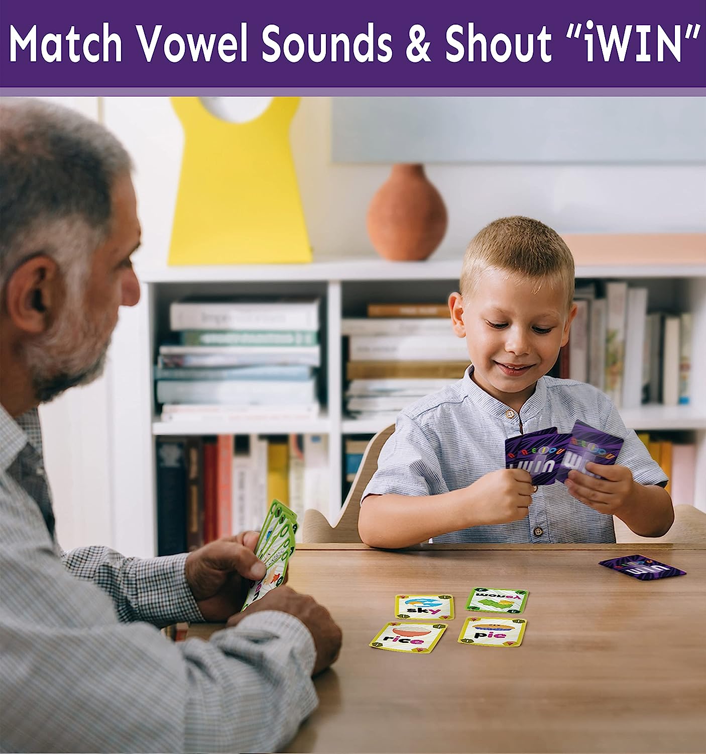 iWin Phonics Game and Vowels Sounds Card Game - Learn to Read Game Ages 3-9 Kindergarten 1st 2nd Grade Learning - Short Vowel CVC Words and Long Vowel Matching Game 2-8 Players
