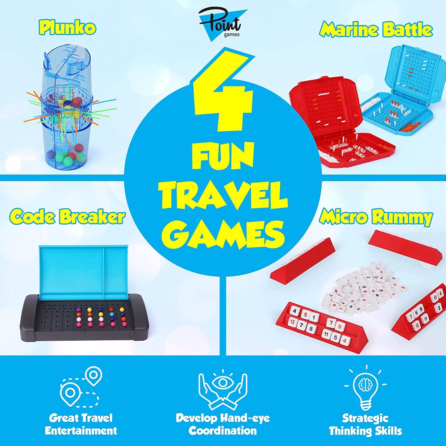 4 Fun Travel Games - Board Game Assor ent in One Box - Improves Eye-Hand Coordination and Stimulates Strategy and Critical Thinking - Easy Storage and Travel Friendly Tabletop Set Ages 7+