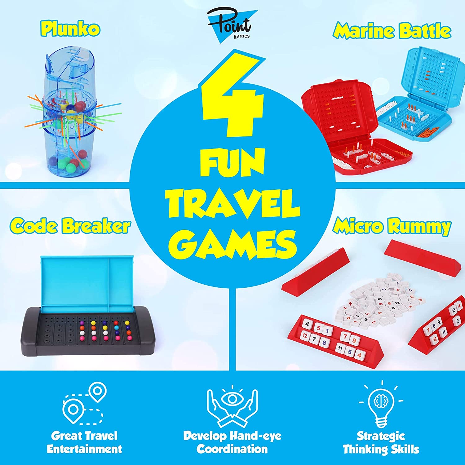 4 Fun Travel Games - Board Game Assor ent in One Box - Improves Eye-Hand Coordination and Stimulates Strategy and Critical Thinking - Easy Storage and Travel Friendly Tabletop Set Ages 7+