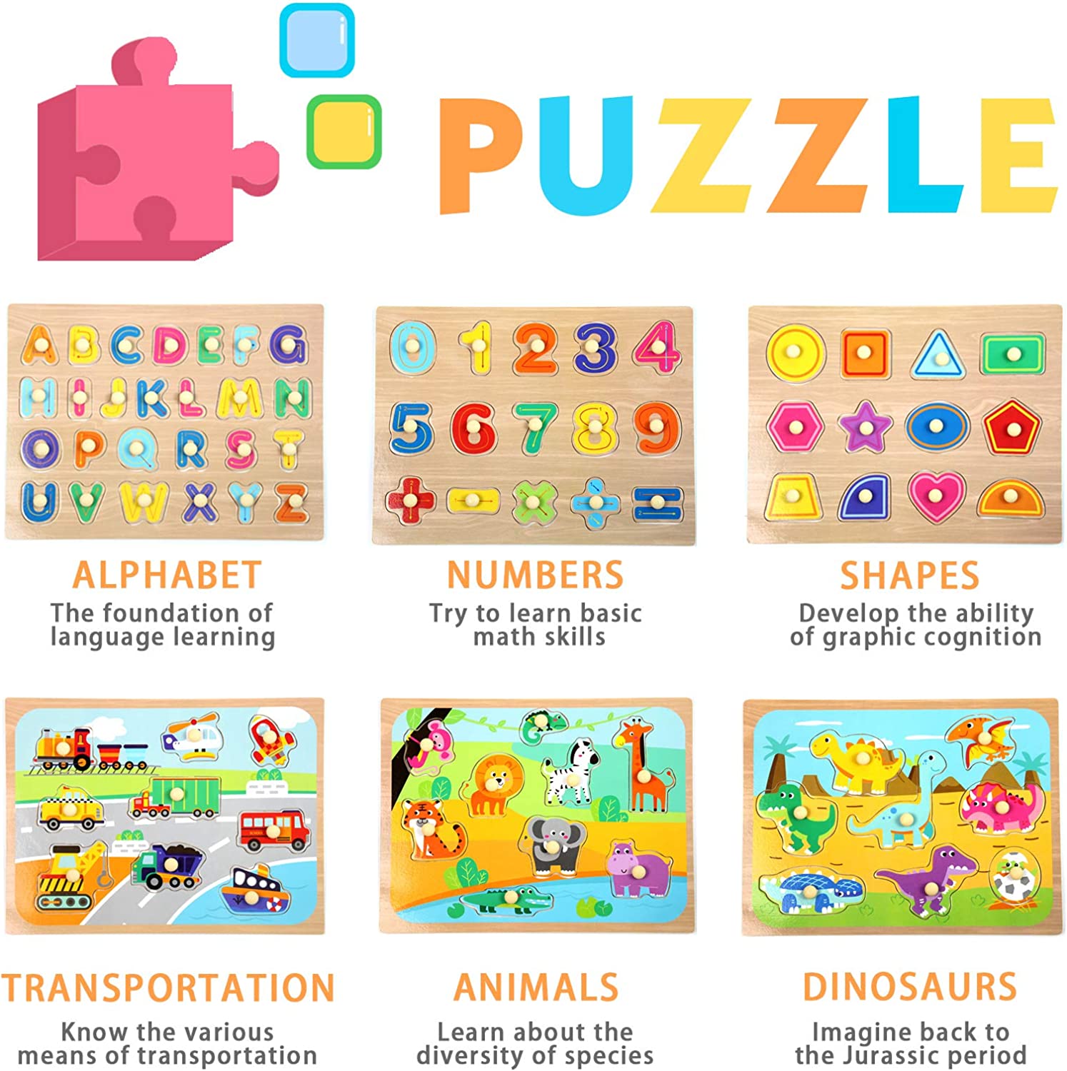 Toddler Puzzles and Rack Set, Wooden Peg Puzzles Bundle with Storage Holder Rack, Educational Knob Puzzle for Kids Age 2 3 4 Years - Alphabet Number Shape Dinosaur Animal Vehicle