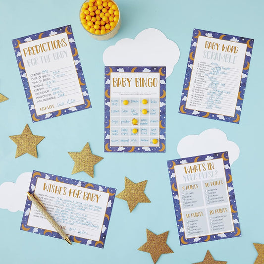 Set of 5 Over the Moon Baby Shower Games for 50 Guests, Twinkle Twinkle Little Star Bingo, Prediction Cards, Word Scramble, Well Wishes, Purse Activity