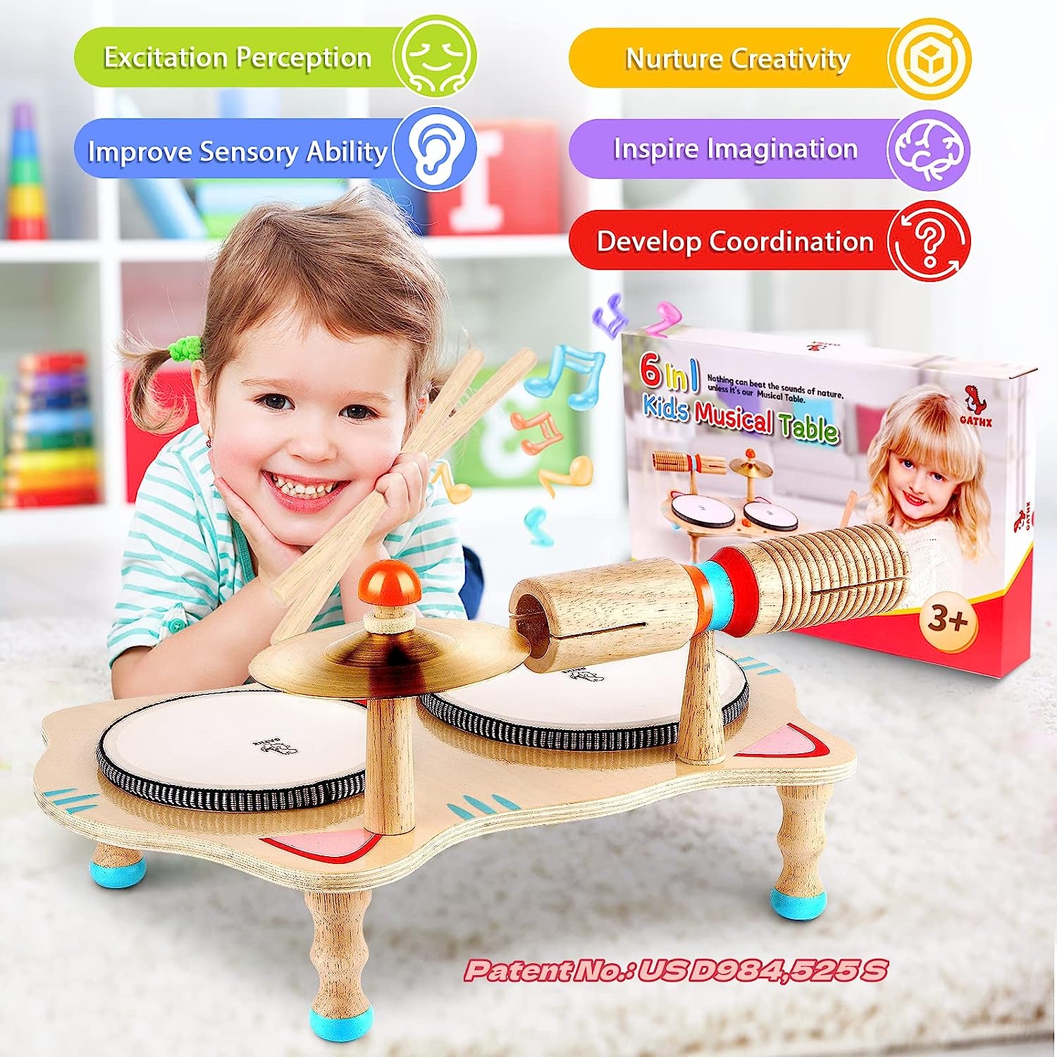 Kids Drum Set All in One Musical Instruments Set Toddler Toys Natural Wooden Music Kit Baby Sensory Toys Months Birthday Gifts for Girls Boys