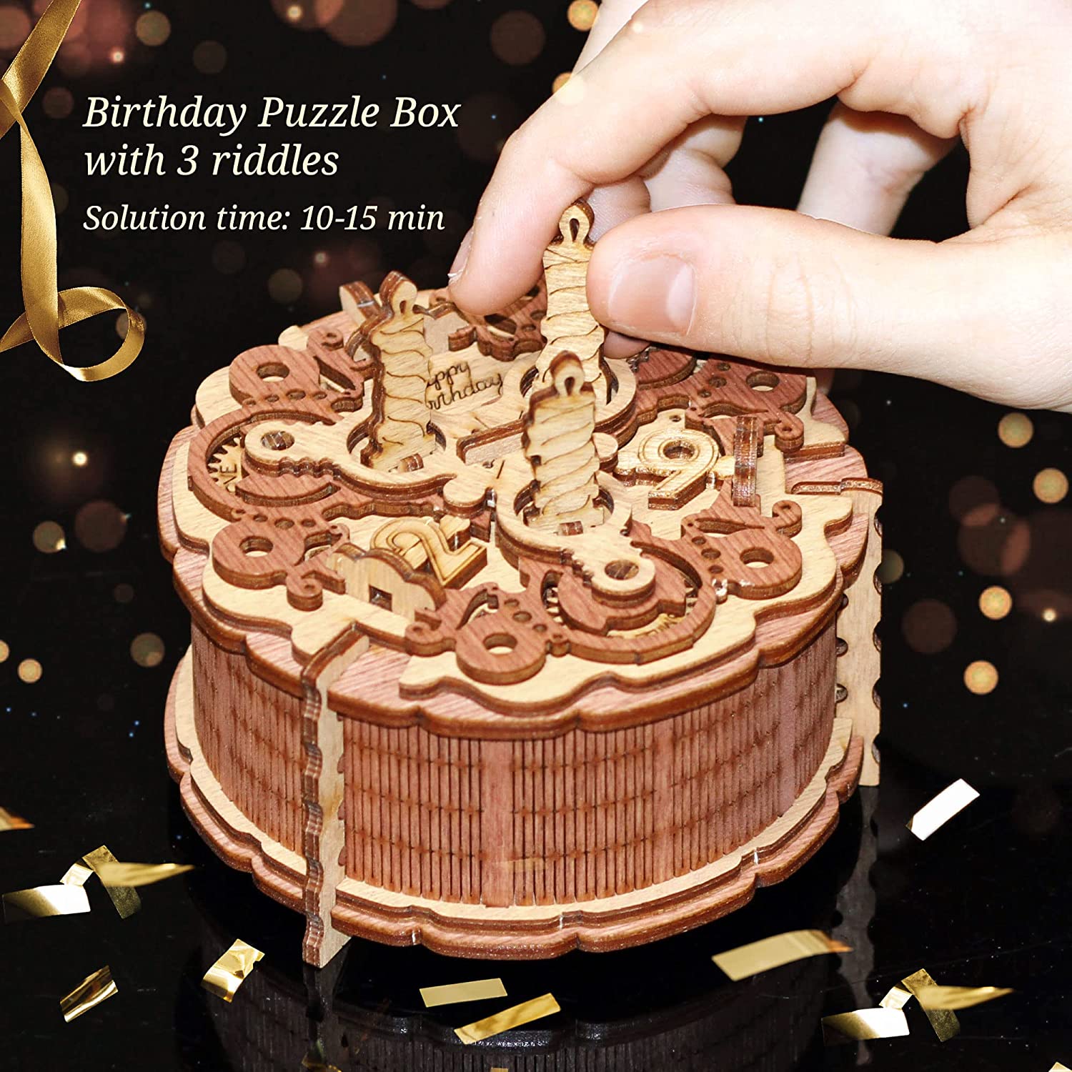Birthday Cake Gift 3D Puzzle Box - Tricky Gift Packaging for Birthday Adults and Teens - Puzzle Box for Money Gifts, vouchers and Much More. (10.5 cm Diameter x 6.5 cm Height) Brainteaser