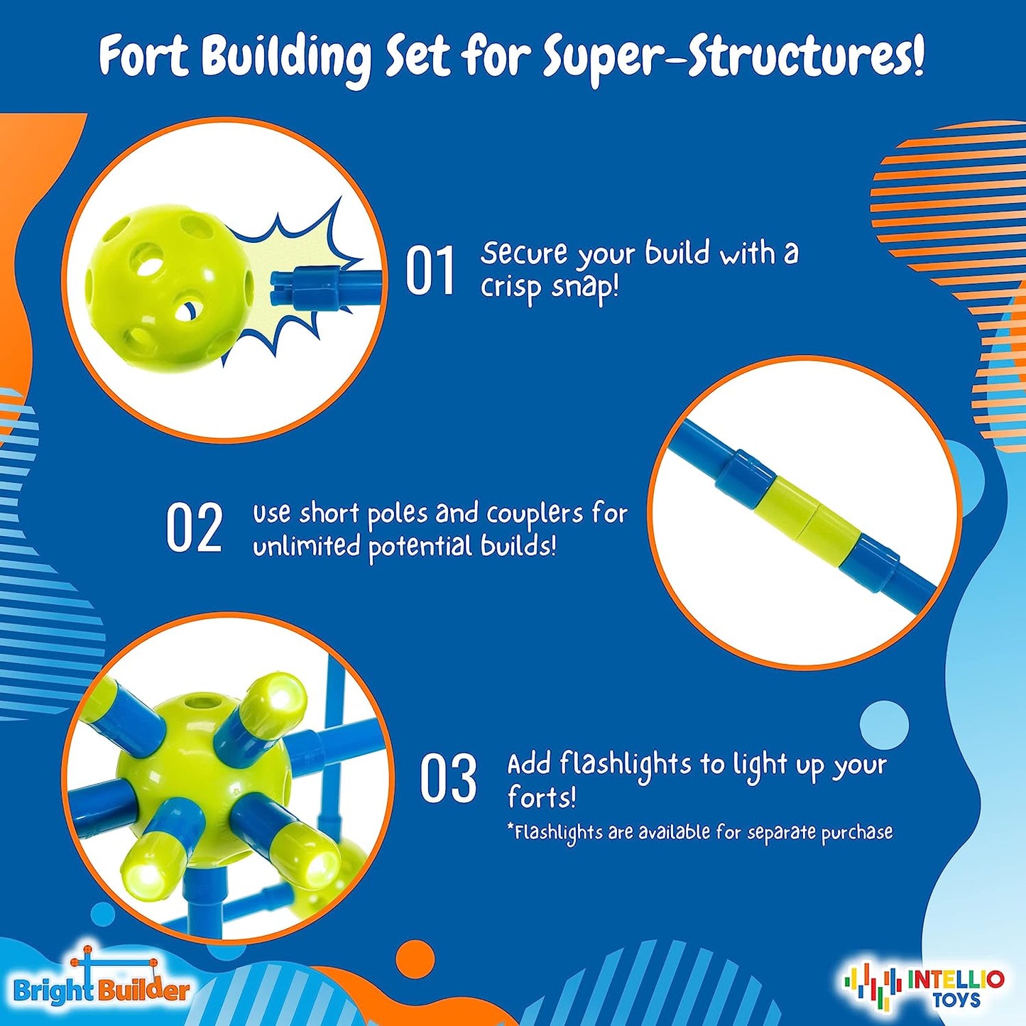 100 Pieces Fort Building Kit for Kids 4-8 - STEM Building DIY Educational Toy - Blue and Green - Bright Builder