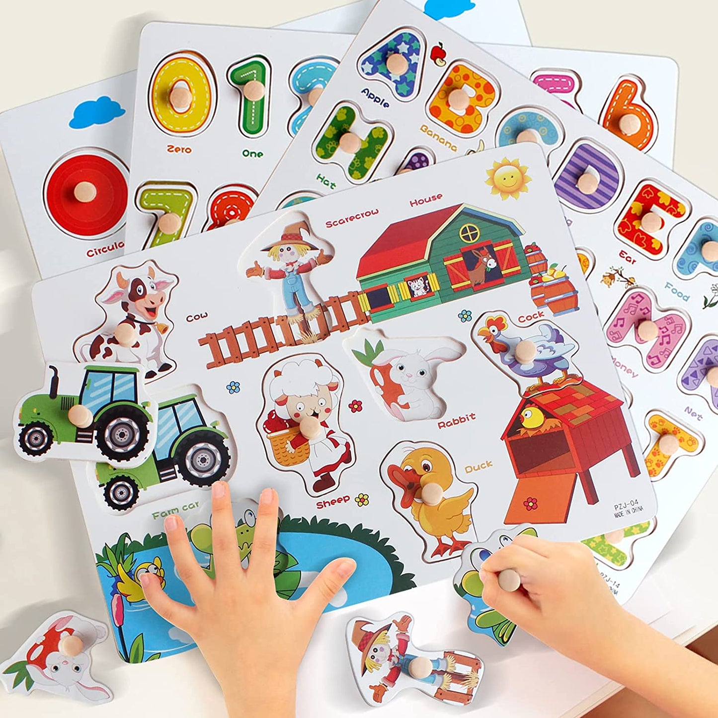 Wooden Peg Puzzles and Rack Set for Toddlers 2 3 4 Years Old, Alphabet ABC, Numbers, Shape and Farm Animals Learning Puzzles Board for Kids, Preschool Educational Activity Toys Gift for Boys Girls