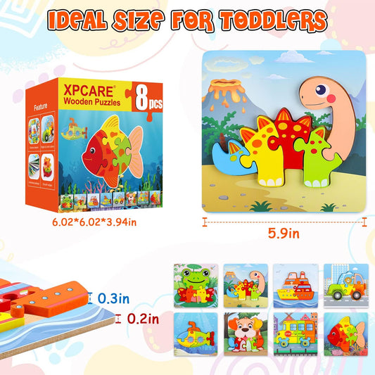 8-Pack Wooden Puzzles for Toddlers 1-3, Animal Puzzles for 1 2 3 Year Old Boys Girls Toys, Toddler Educational Developmental Toys for 1 2 3 Year Old