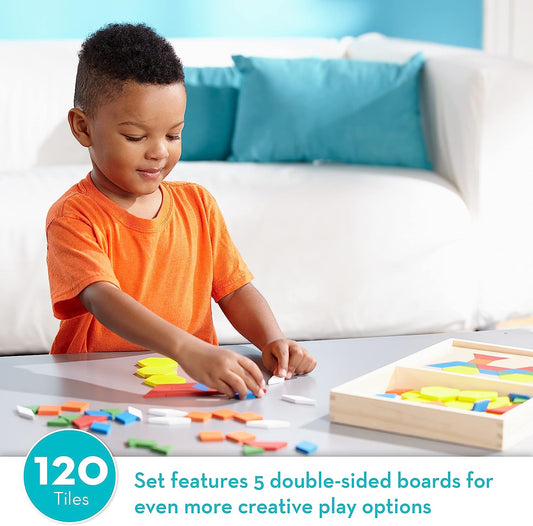Pattern Blocks and Boards - Classic Toy With 120 Solid Wood Shapes and 5 Double-Sided Panels, Multi-colored - STEAM Toy, Wooden Pattern Blocks Animals, Tangrams Puzzle For Kids Ages 3+