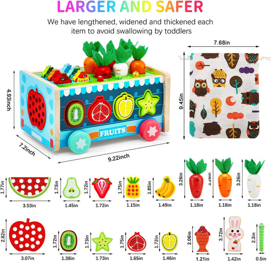 10-In-1 Wooden Toys for Toddlers, Carrot Harvest, Shapes Sorting &Matching, Stacking Cups, Fruits Lacing Threading,Preschool Learning Fine Motor Skills Game for 1 2 3 4 Years Old Babies