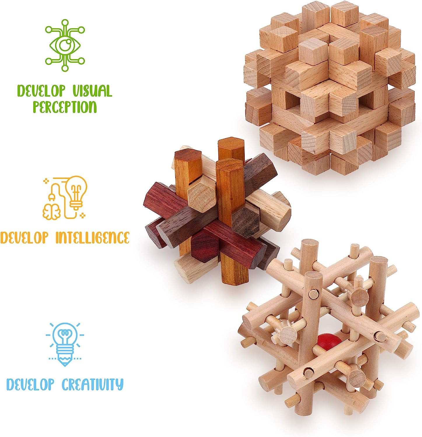 Wooden Brain Teaser Puzzles for Adults & Kids - 3D Puzzles Brain Games, IQ, Mind and Logic Test - Challenging Wood Educational Toys