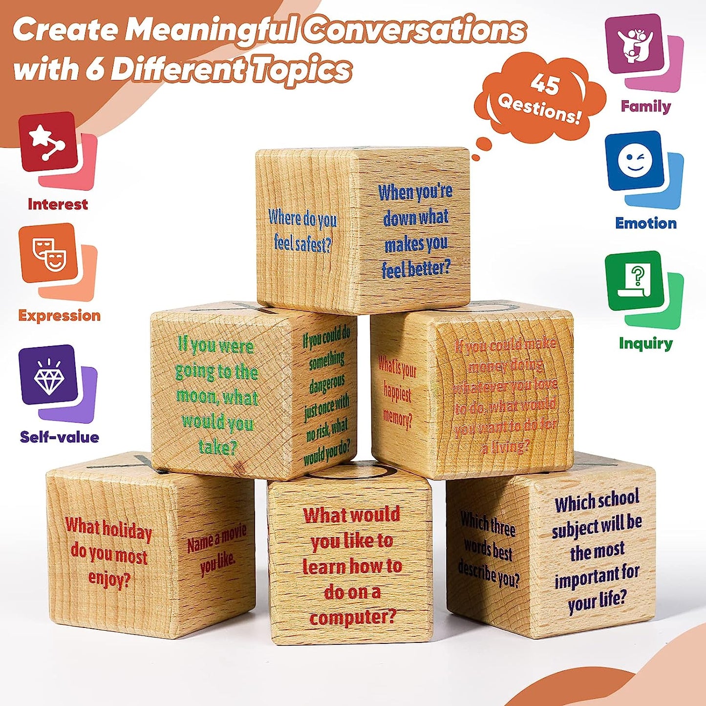 Conversation Cubes W/Tic Tac Toe Game,Great Conversation Starter-Building Relationship,Wooden Block for Family Game Night,School Counselor Supplies,Therapy Icebreaker Game for Kid Teen Adult
