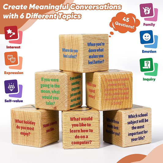 Conversation Cubes W/Tic Tac Toe Game,Great Conversation Starter-Building Relationship,Wooden Block for Family Game Night,School Counselor Supplies,Therapy Icebreaker Game for Kid Teen Adult