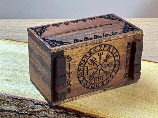 Enigma Viking Secret Puzzle Box - Money and Gift Card Holder in a Wood IQ Trick Lock with Hidden Compar ents Brainteaser