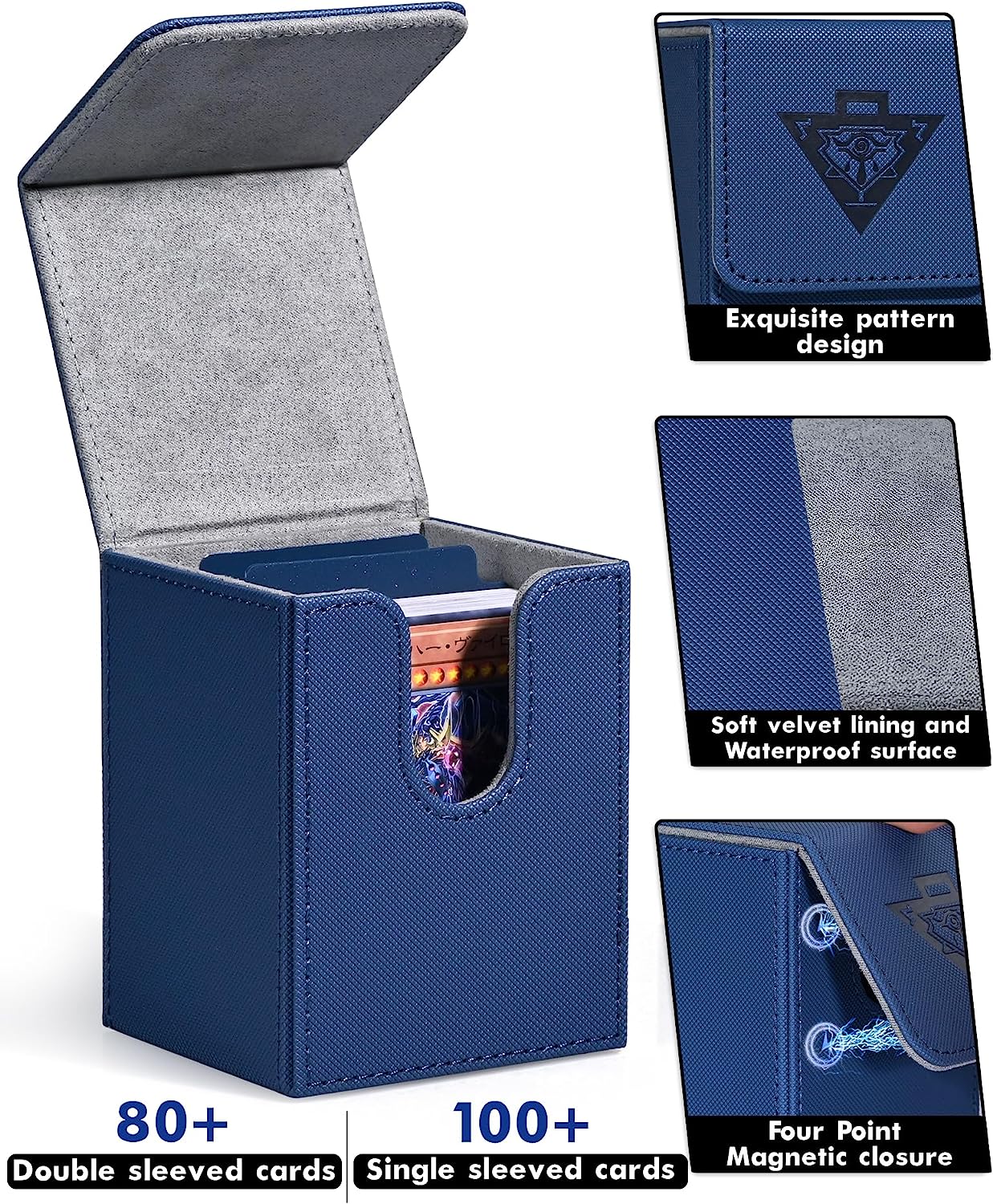 Card Deck Box Fits MTG Yu-Gi-Oh! TCG, Card Storage Box with Dividers Holds 100+ Sleeved Cards, Premium Card Deck Case Compatible with CCG Trading Cards (Navy,Puzzle)