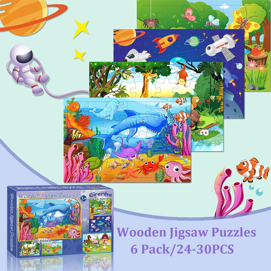 Puzzles for Kids Ages 3-5, Wooden Jigsaw Puzzles 24-30 Pieces for Toddler Children Learning Educational Puzzles 3 4 5 6 Year Toys for Boys and Girls (6 Puzzles)