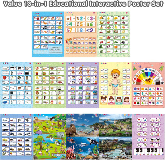 13 in 1 Electronic Interactive Alphabet Wall Chart, Talking ABC, 123s, Animals, Vegetables, Fruits, Body, Shape Music Educational Posters Hand-Painted Board for Preschool Toddlers Ages 3+